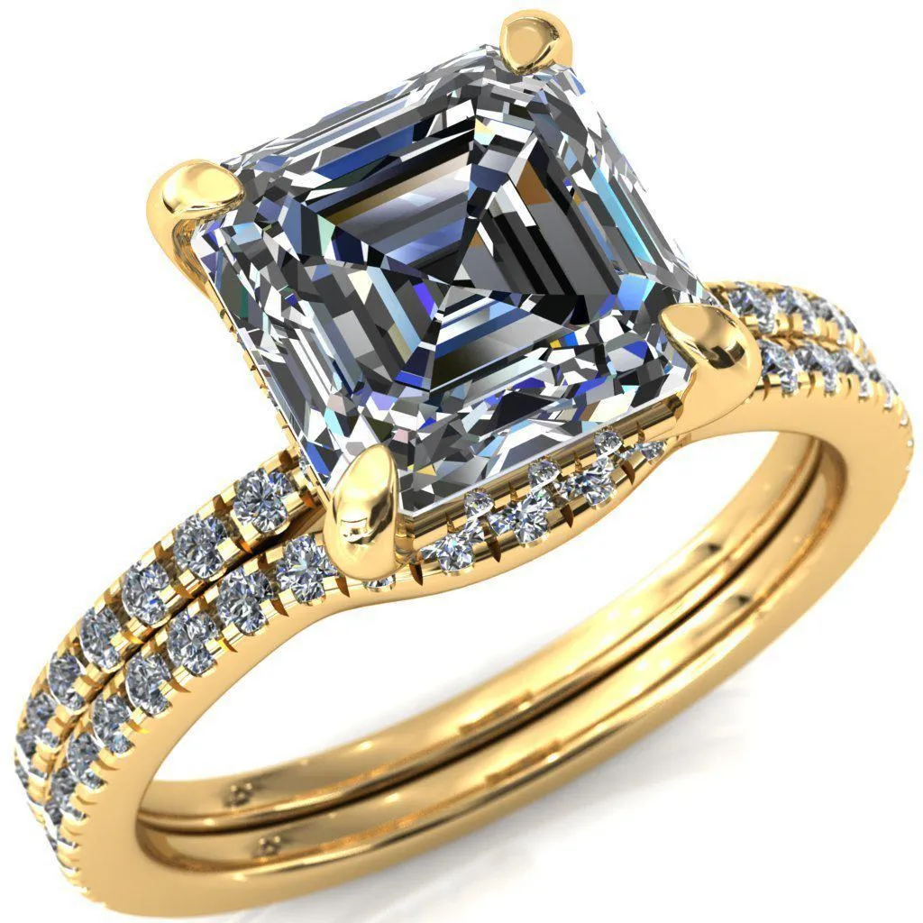 Mayeli Asscher Moissanite 4 Claw Prong Micro Pave Diamond Sides Engagement Ring