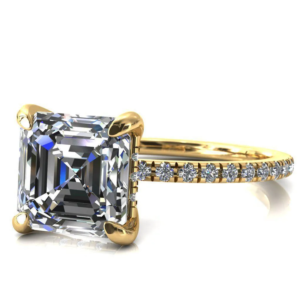 Mayeli Asscher Moissanite 4 Claw Prong Micro Pave Diamond Sides Engagement Ring