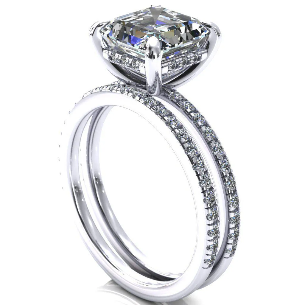 Mayeli Asscher Moissanite 4 Claw Prong Micro Pave Diamond Sides Engagement Ring
