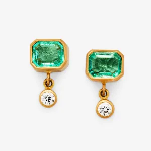 Meadow Mixed Emerald E/W and Diamond Earrings in 20K Peach Gold
