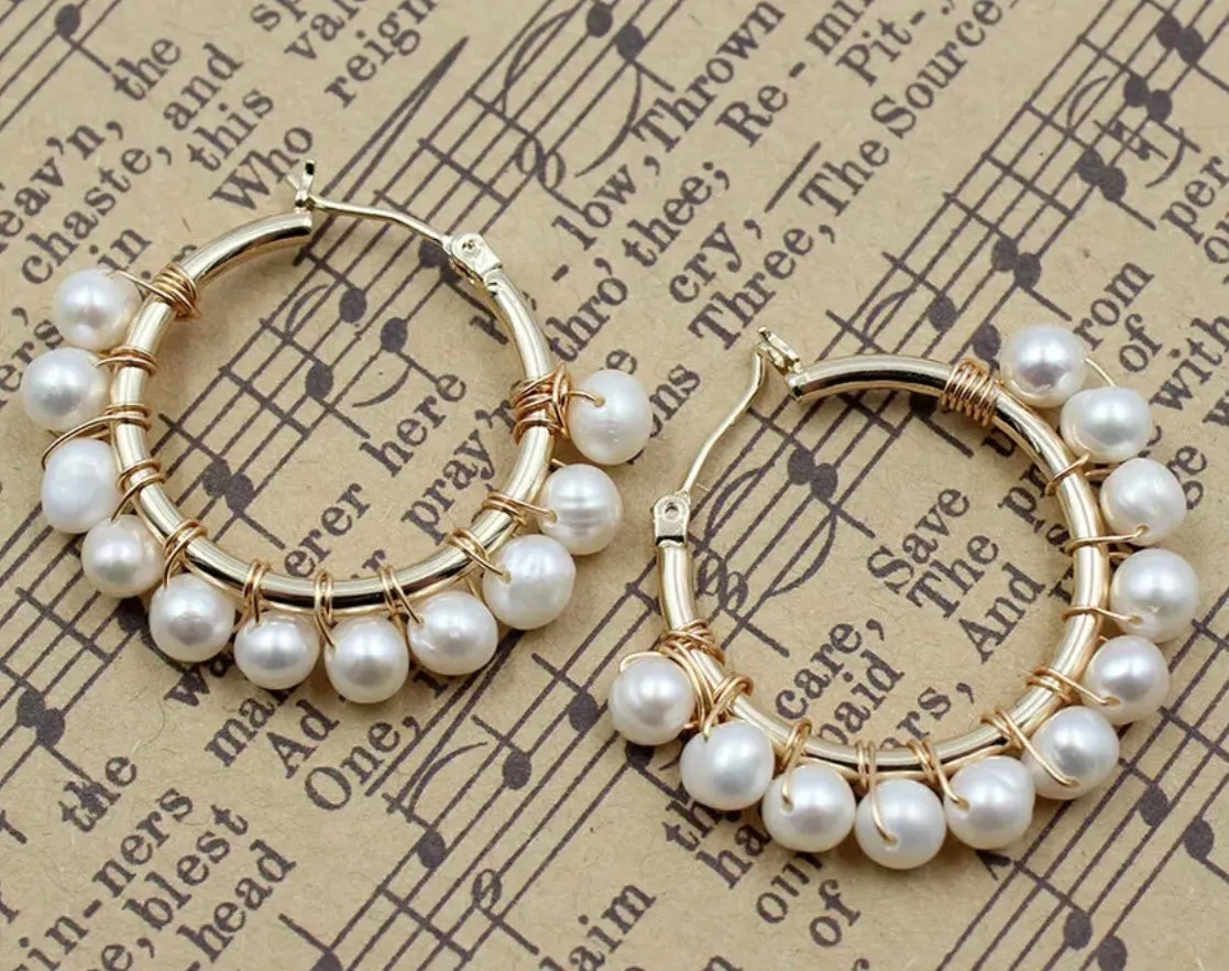 Medium-Size Gold Freshwater Pearl Hoop Earrings