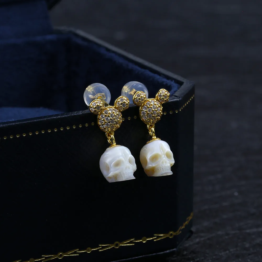 Mickey Ears CZ Pearl Skull Stud Earrings
