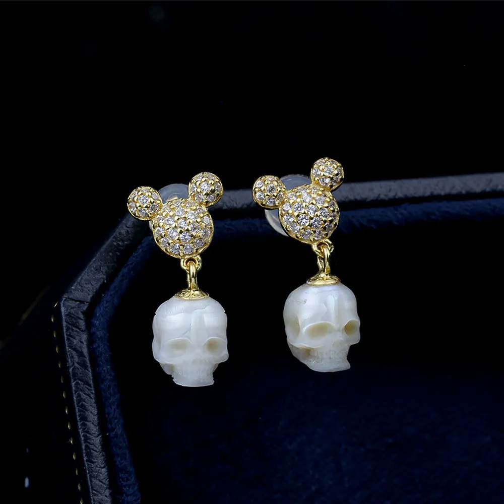 Mickey Ears CZ Pearl Skull Stud Earrings