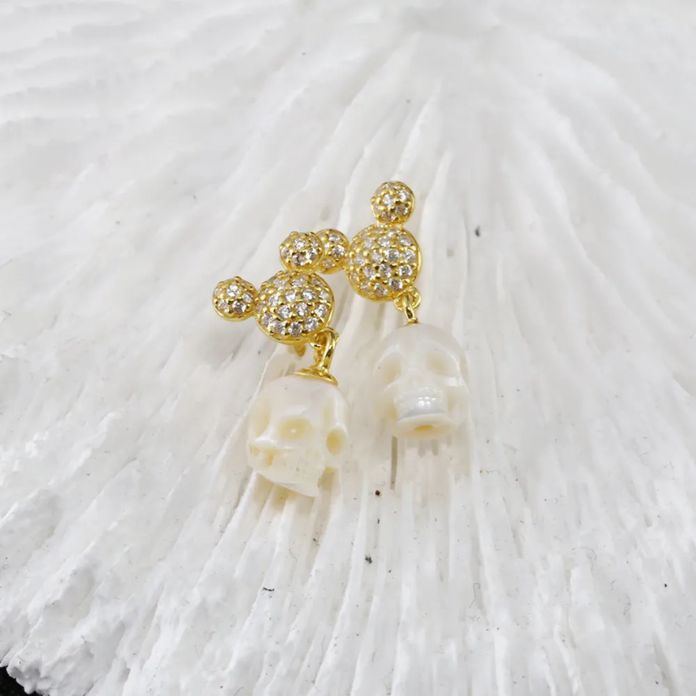 Mickey Ears CZ Pearl Skull Stud Earrings