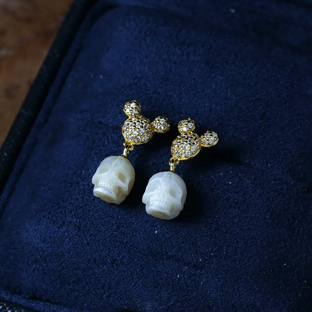 Mickey Ears CZ Pearl Skull Stud Earrings