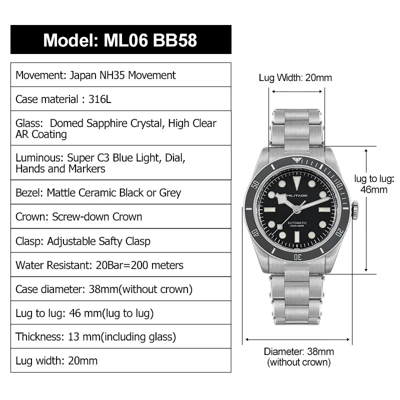 Militado Retro 38mm BB58 NH35 Automatic Watch ML06