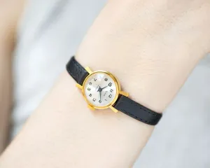 Minimalist women watch gold plated Glory, vintage lady wristwatch Arabic numerals dial, delicate lady watch jewelry new premium leather band