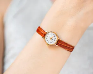 Minimalist women watch gold plated Seagull, classic girl watch micro size vintage, watch for women gift jewelry, new genuine leather strap