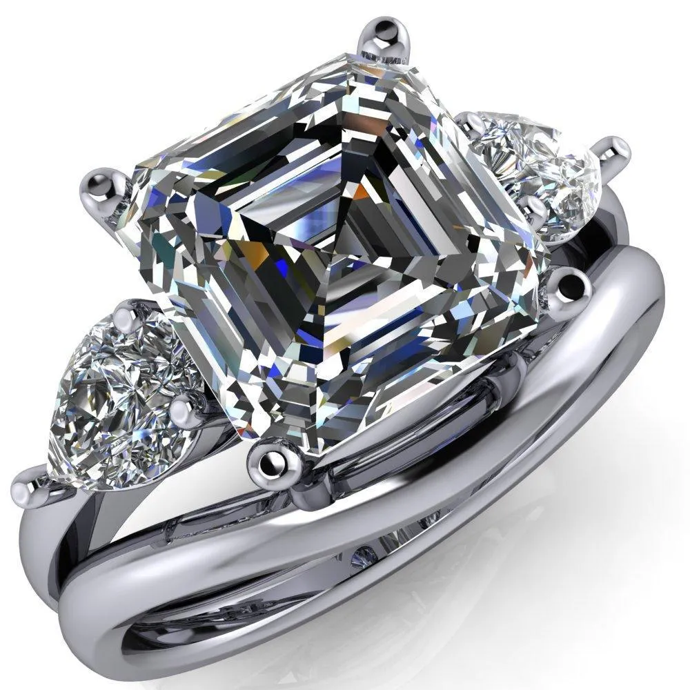 Monteith Asscher Moissanite 4 Prong Pear Side Engagement Ring