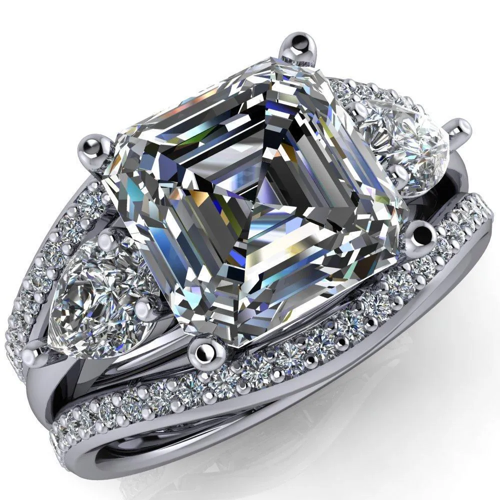 Monteith Asscher Moissanite 4 Prong Pear Side Engagement Ring