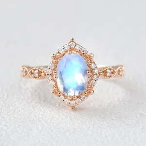 Moonstone & Moissanite Rose Gold Halo Ring