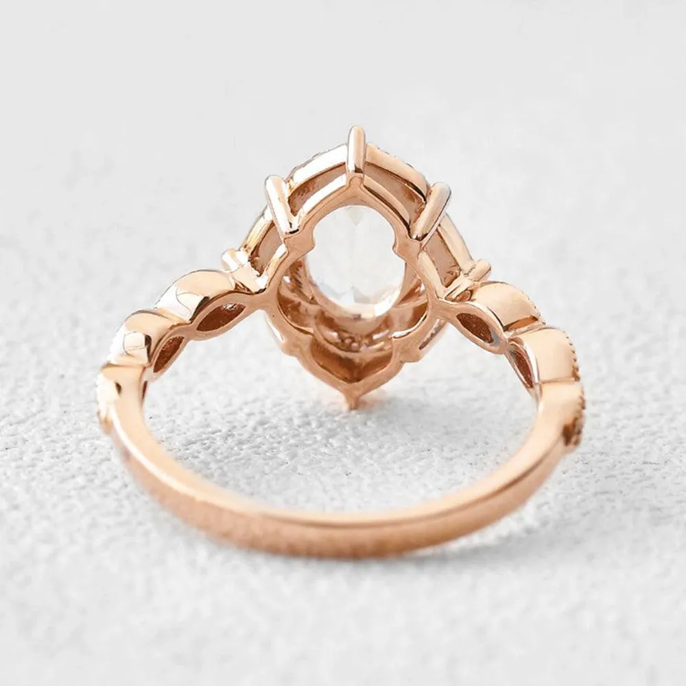 Moonstone & Moissanite Rose Gold Halo Ring