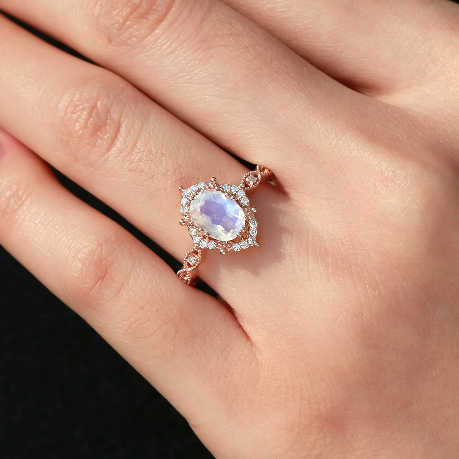 Moonstone & Moissanite Rose Gold Halo Ring