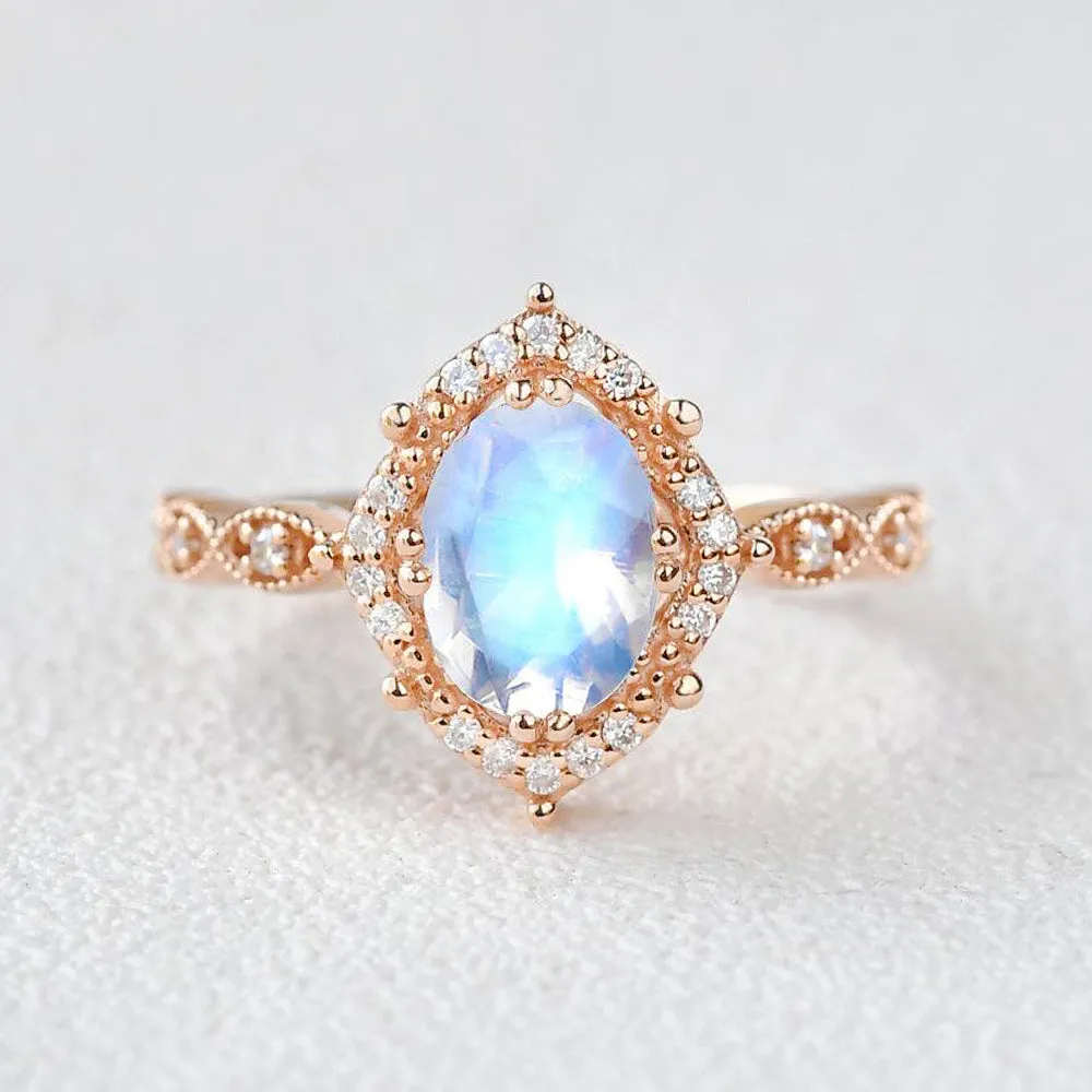 Moonstone & Moissanite Rose Gold Halo Ring