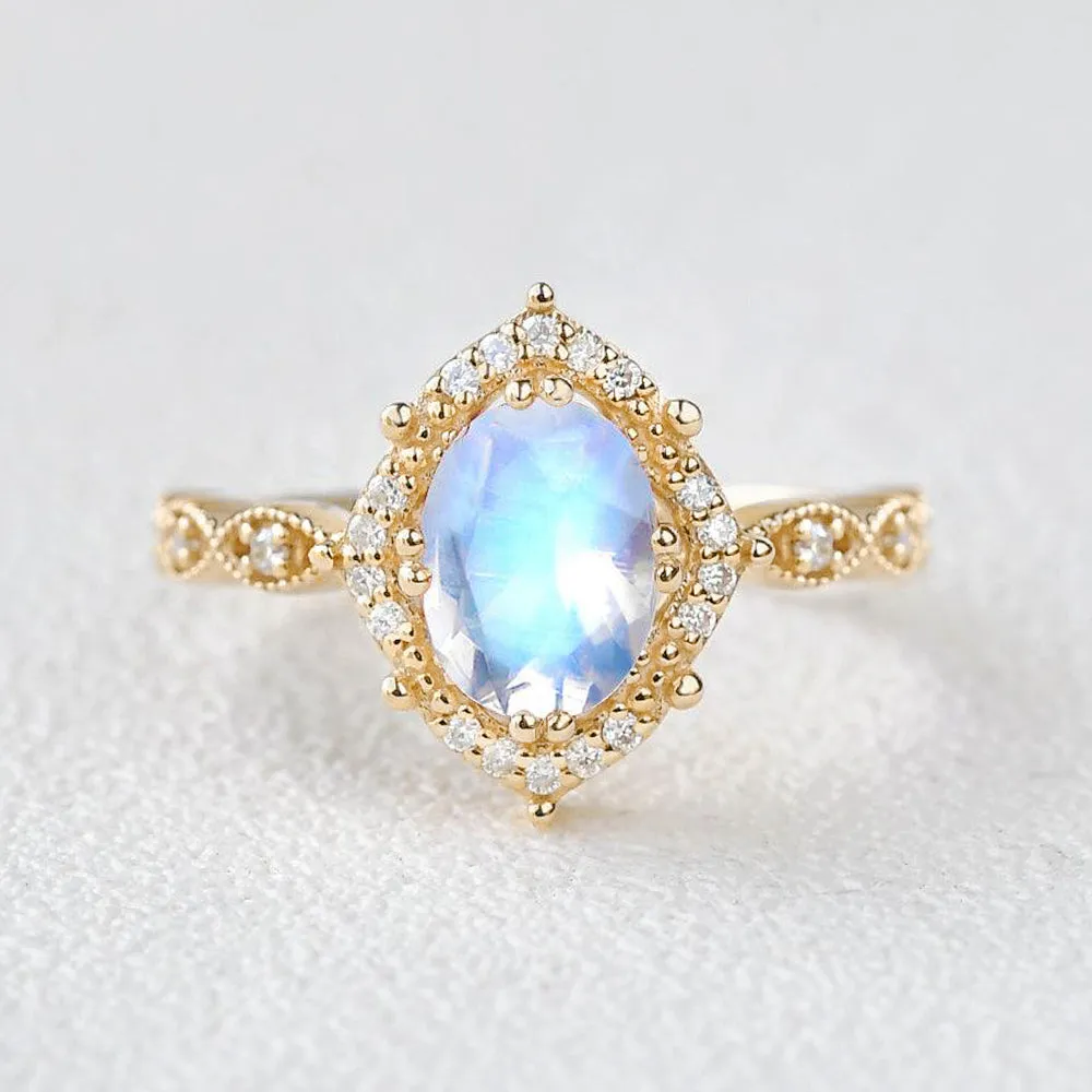 Moonstone & Moissanite Rose Gold Halo Ring