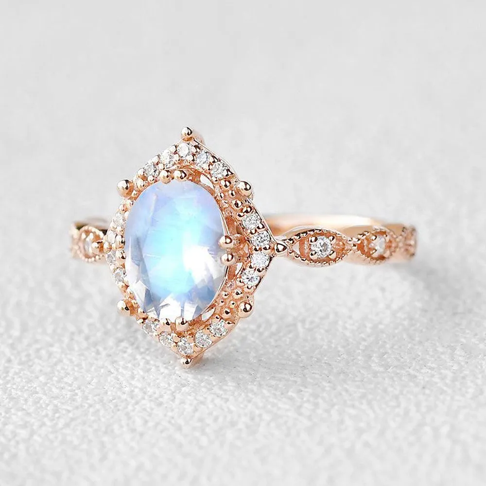 Moonstone & Moissanite Rose Gold Halo Ring