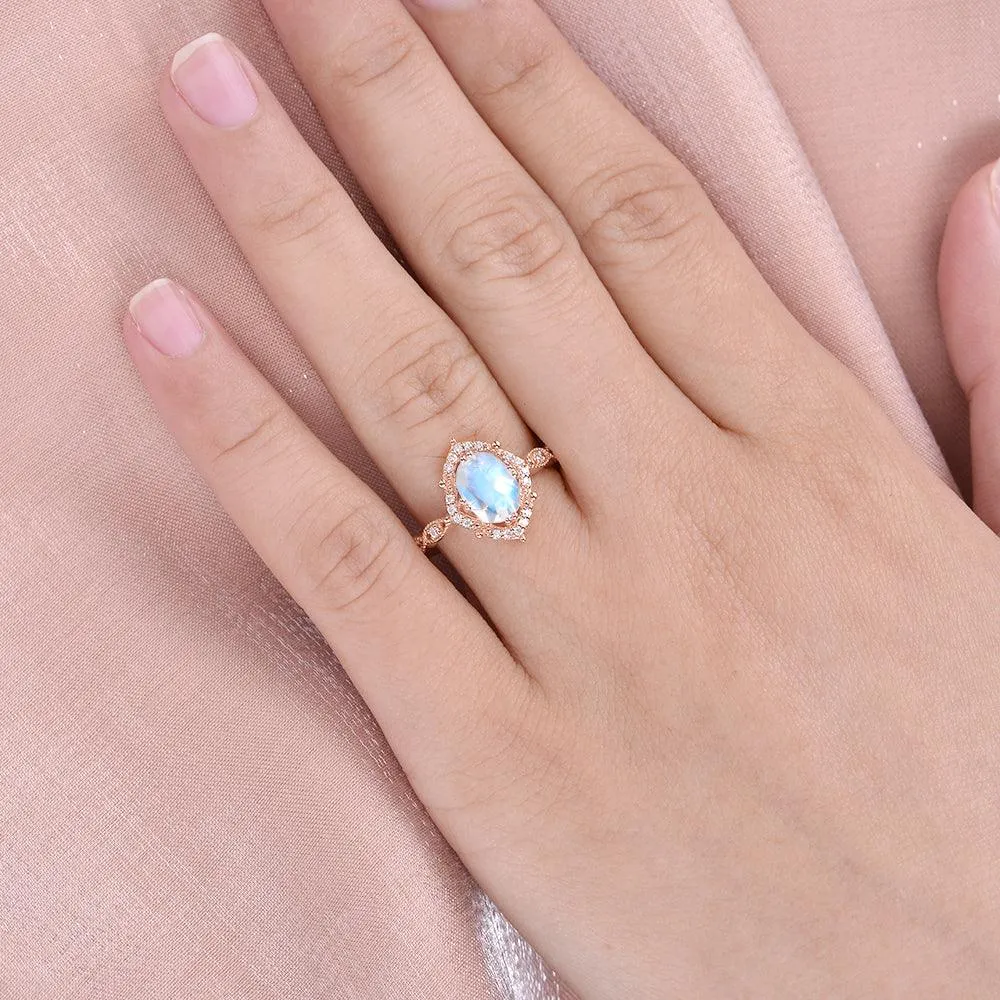 Moonstone & Moissanite Rose Gold Halo Ring
