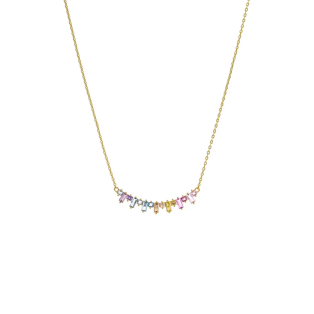 Multi Colored Solitaire X Baguette Bar Necklace