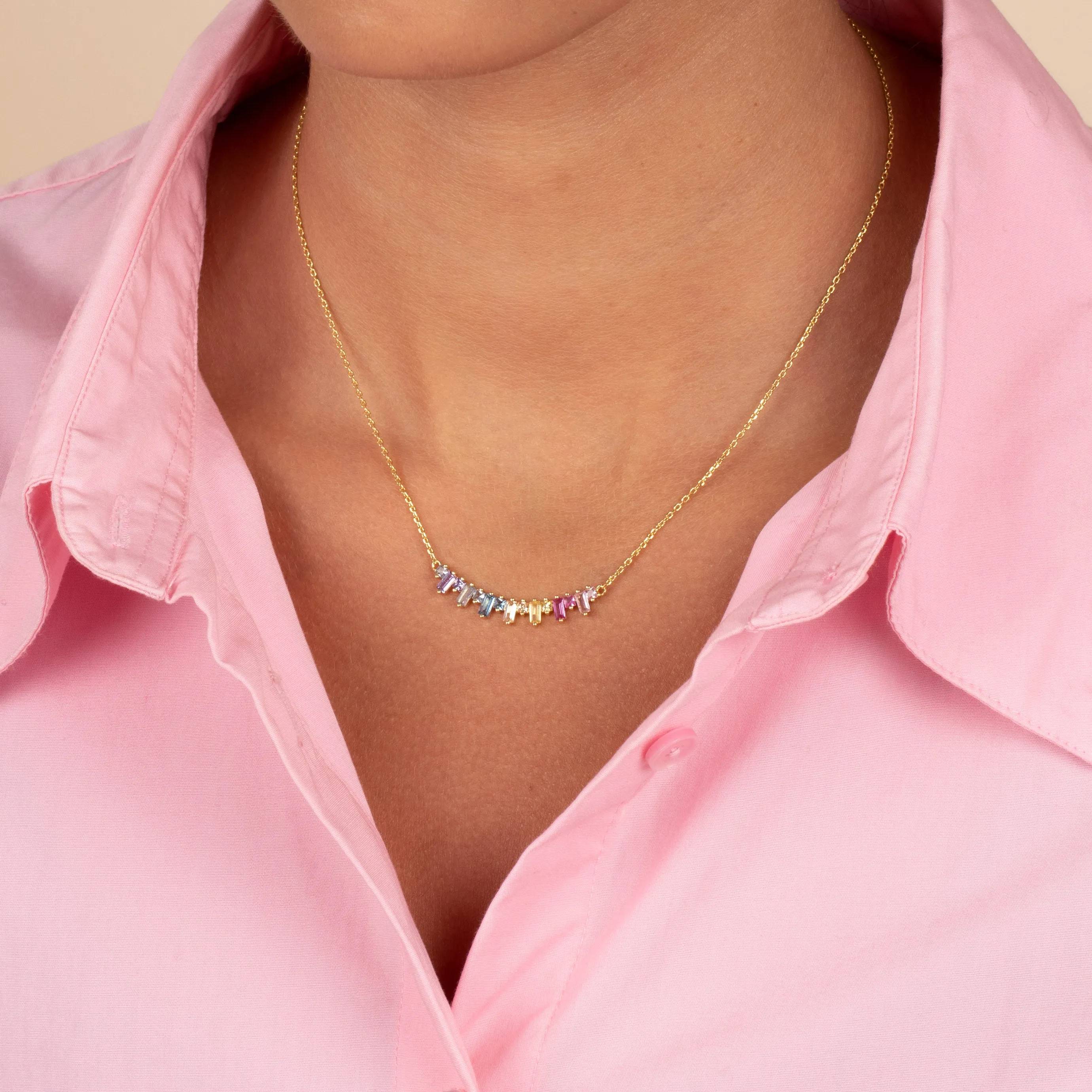 Multi Colored Solitaire X Baguette Bar Necklace