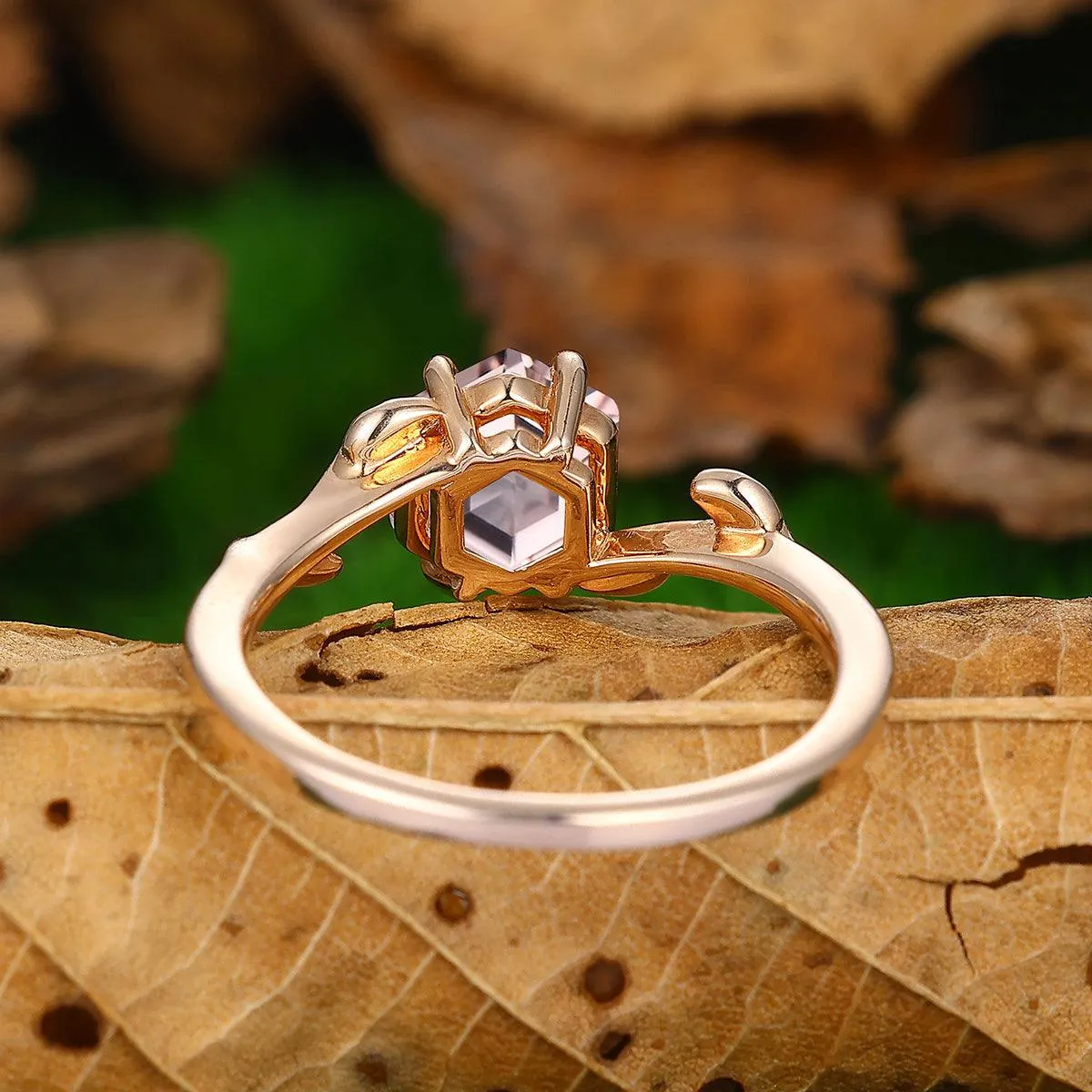 Nature Inpired Leaf Vines Hexagon Shaped Natural Pink Morganite Gold Bridal Ring