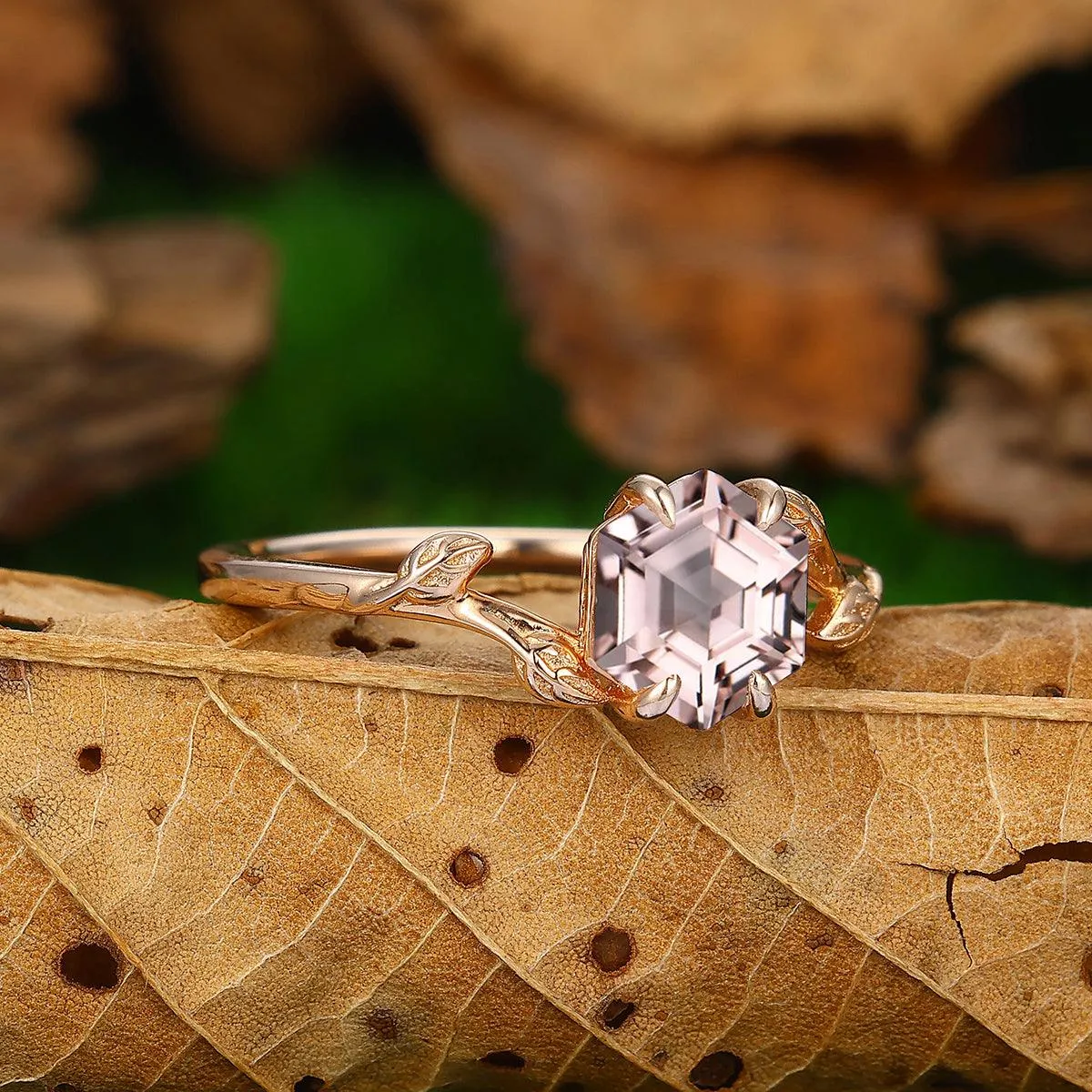 Nature Inpired Leaf Vines Hexagon Shaped Natural Pink Morganite Gold Bridal Ring