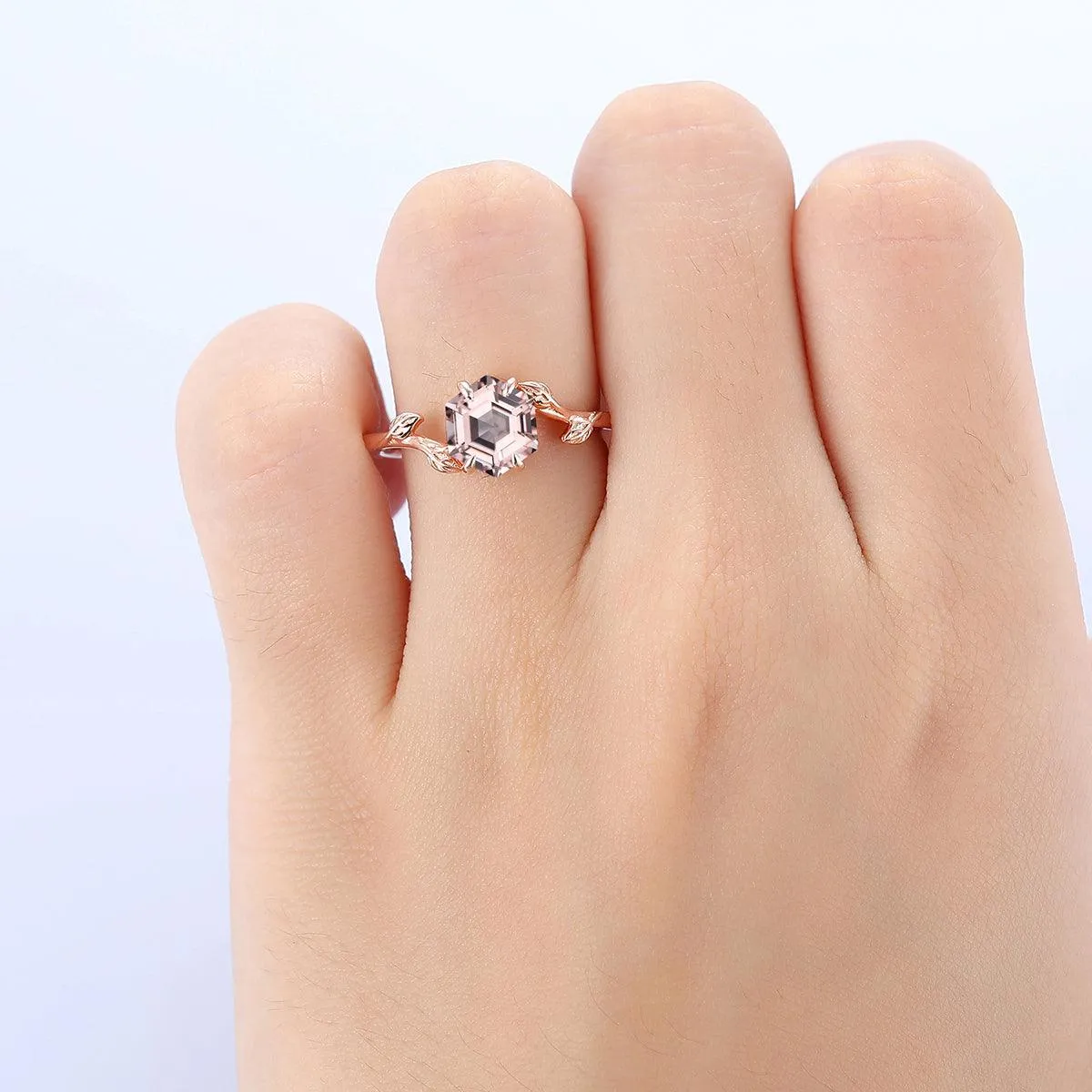 Nature Inpired Leaf Vines Hexagon Shaped Natural Pink Morganite Gold Bridal Ring