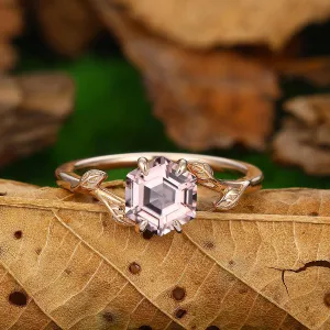 Nature Inpired Leaf Vines Hexagon Shaped Natural Pink Morganite Gold Bridal Ring