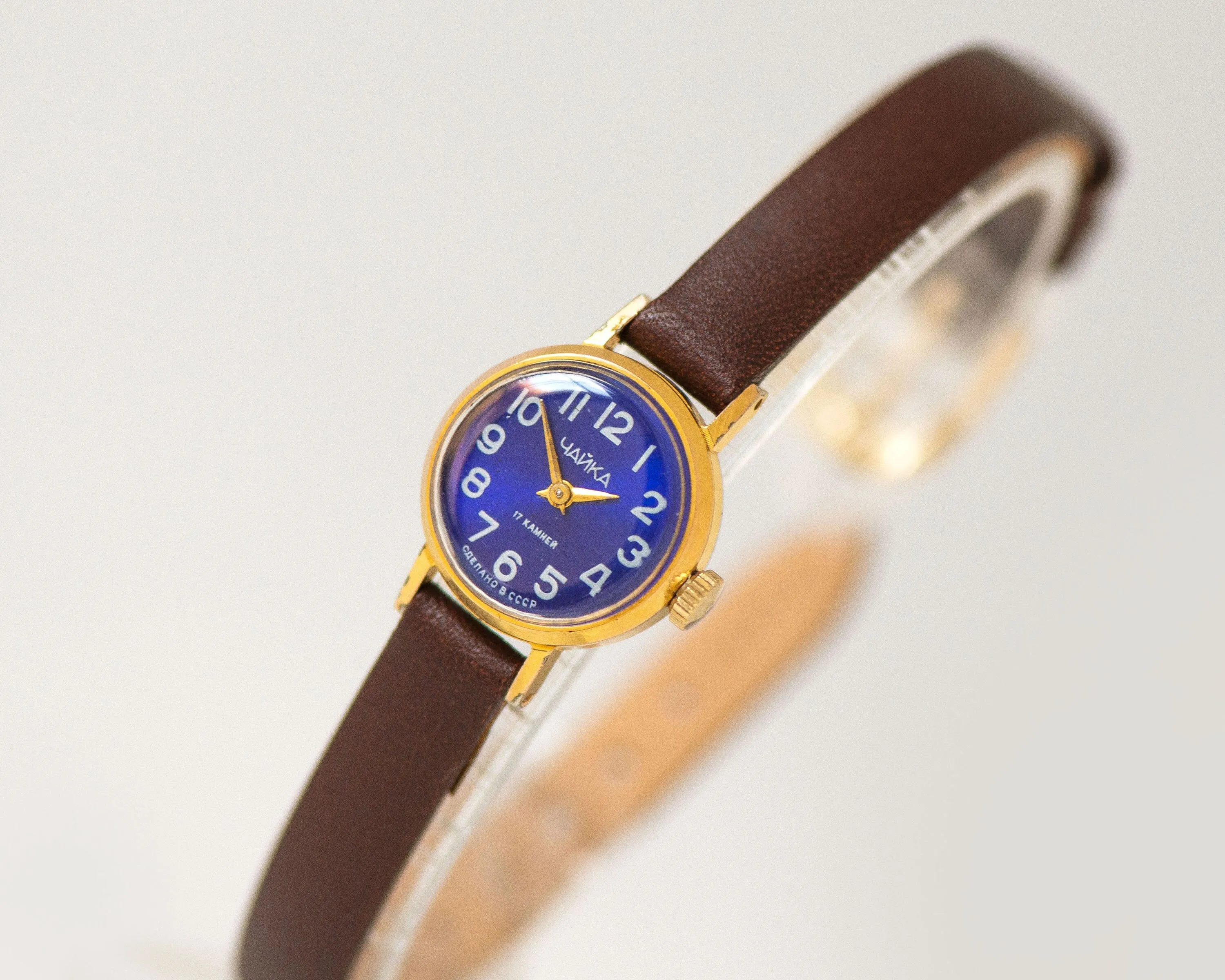 Navy blue women's watch small gold plated Seagull, lady watch petite vintage, women's watch dainty jewelry gift, new premium leather strap
