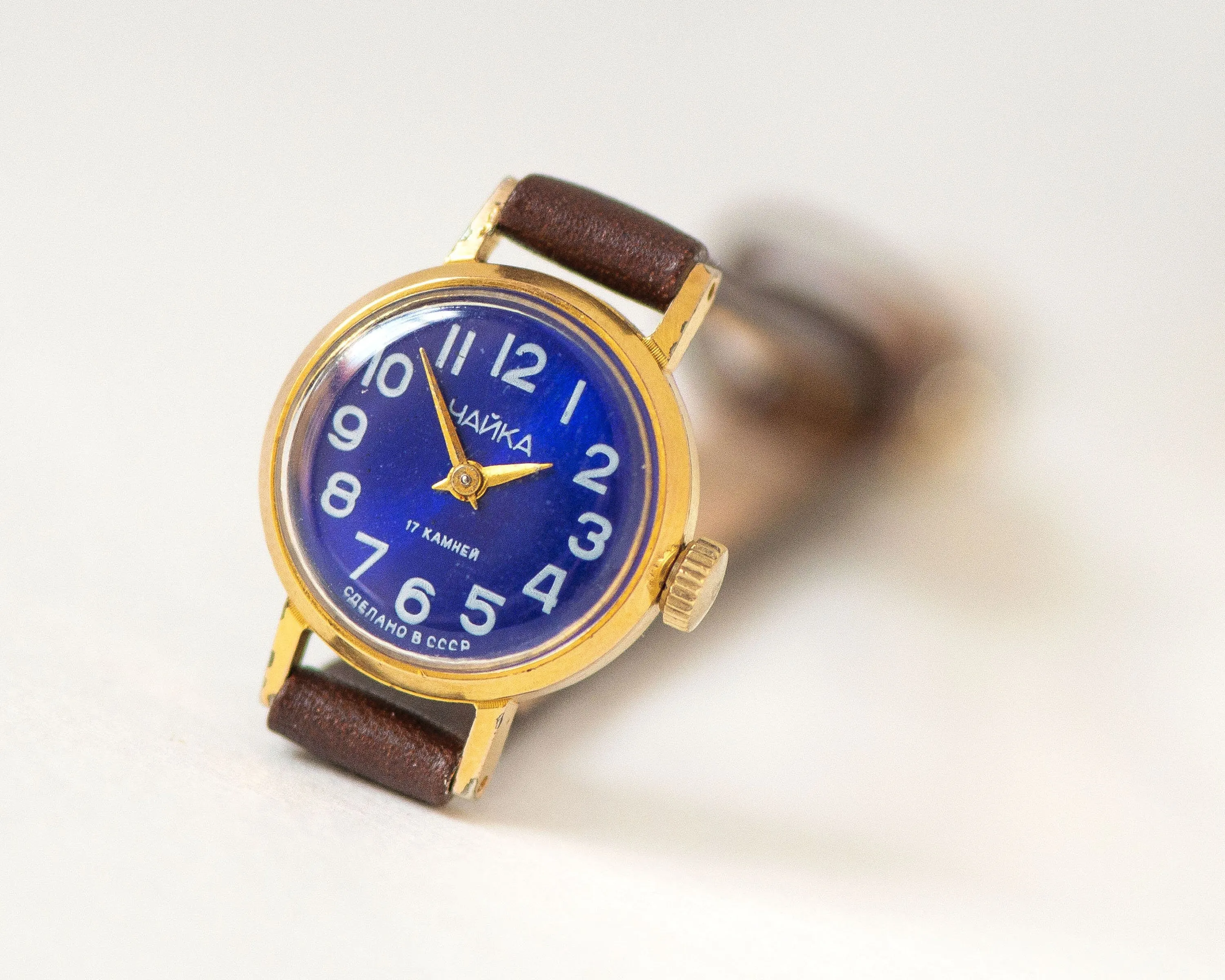Navy blue women's watch small gold plated Seagull, lady watch petite vintage, women's watch dainty jewelry gift, new premium leather strap