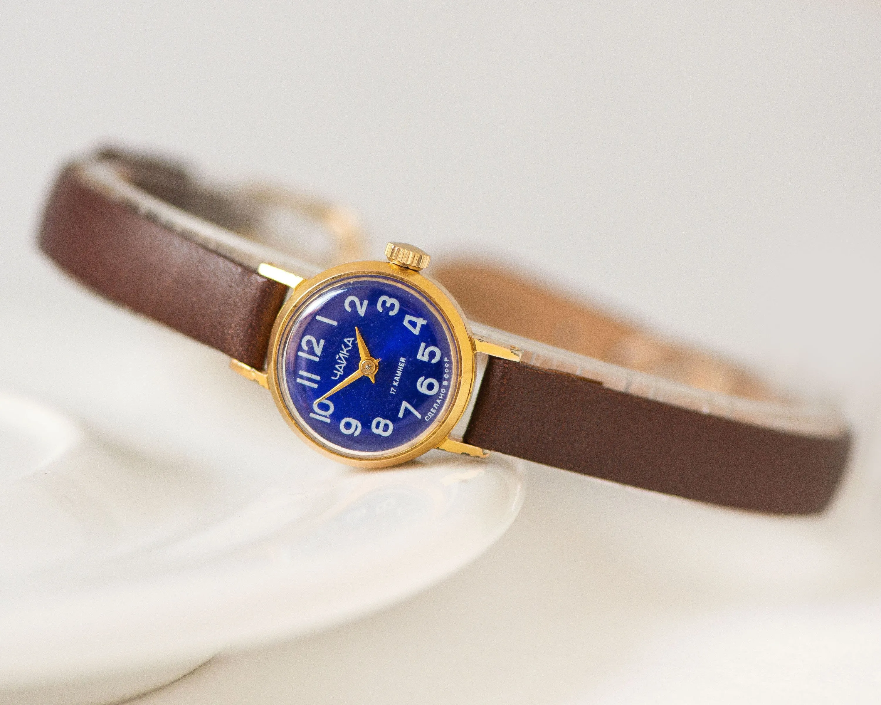 Navy blue women's watch small gold plated Seagull, lady watch petite vintage, women's watch dainty jewelry gift, new premium leather strap