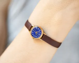 Navy blue women's watch small gold plated Seagull, lady watch petite vintage, women's watch dainty jewelry gift, new premium leather strap