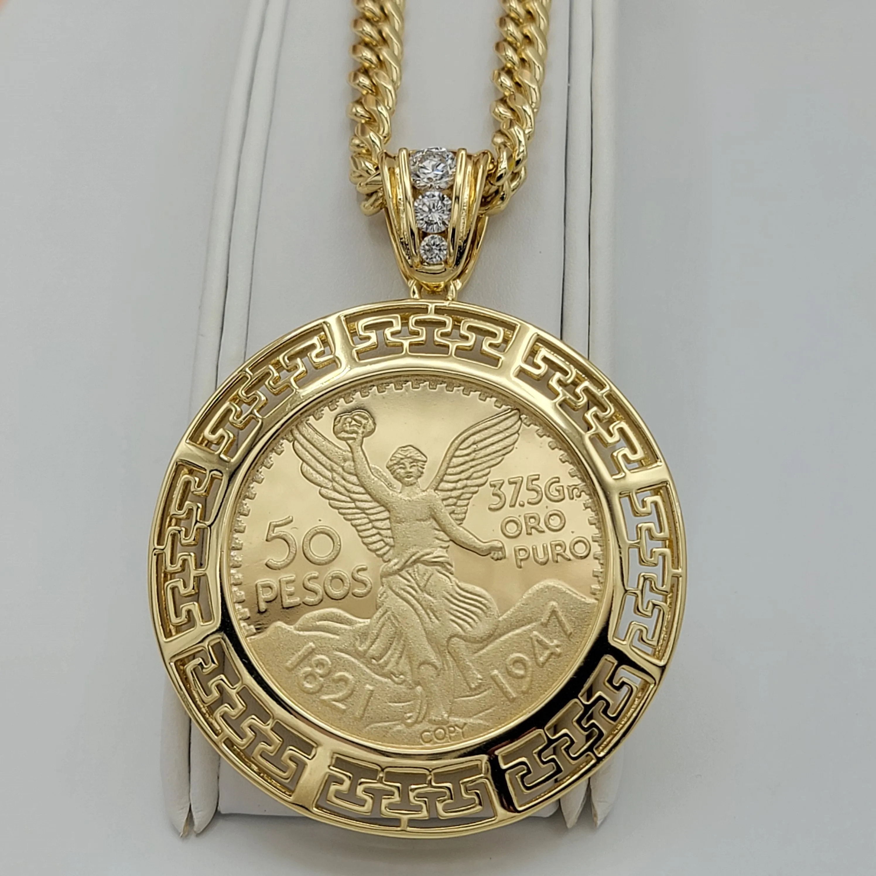 Necklaces - 14K Gold Plated. Centenario MEX Moneda 50 Pesos CZ Pendant & Chain