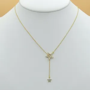 Necklaces - 14K Gold Plated. Double CZ STAR Pull Through Y Adjustable Necklace