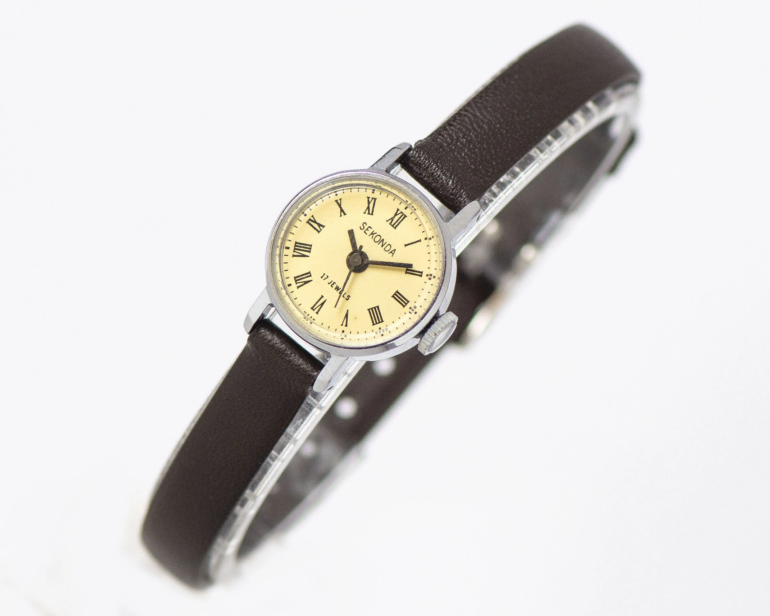 New old stock women watch Sekonda Roman numerals, micro wristwatch silver shade classic vintage jewelry gift, new premium leather strap