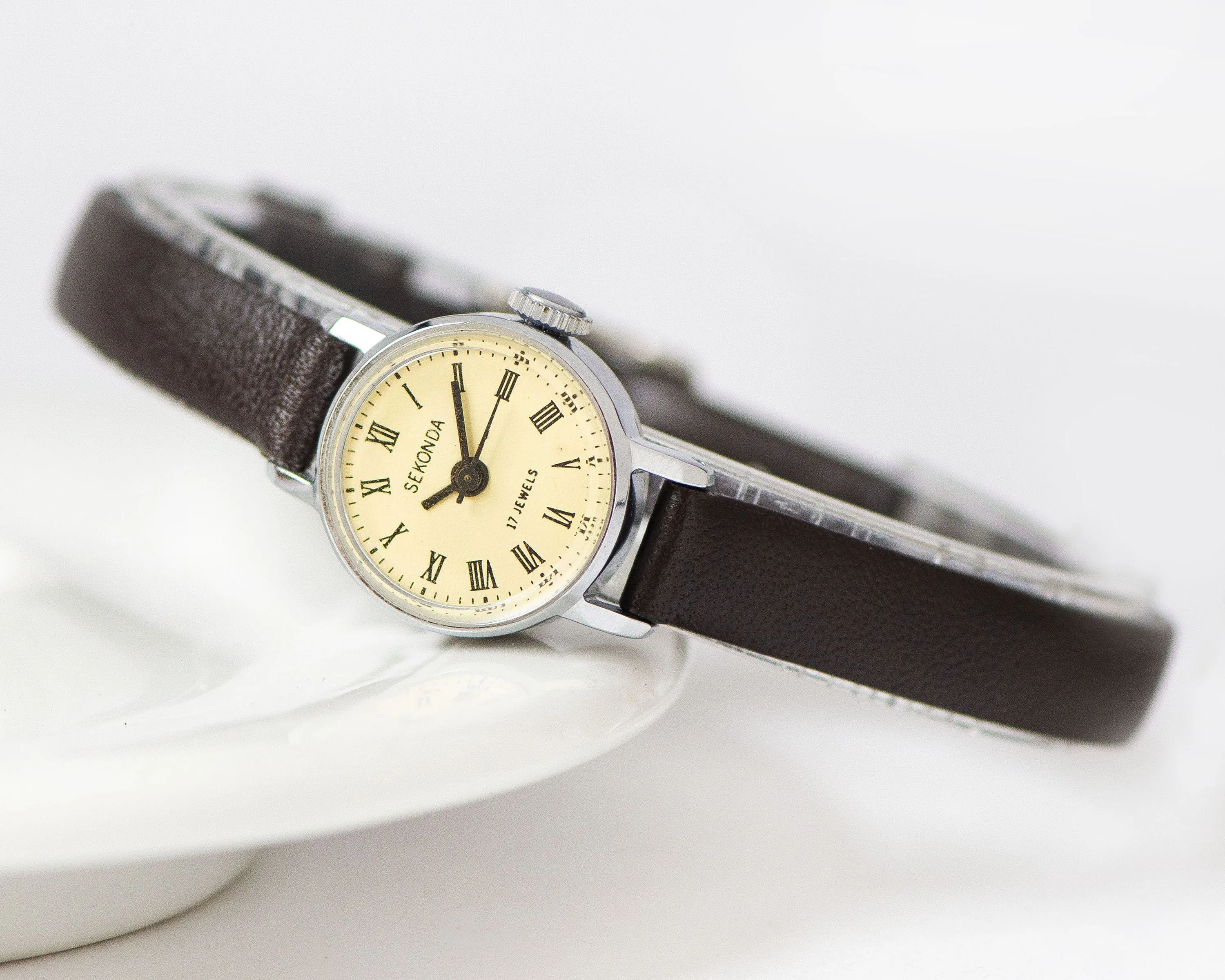 New old stock women watch Sekonda Roman numerals, micro wristwatch silver shade classic vintage jewelry gift, new premium leather strap
