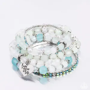 Optimistic Opulence - Multi - Green, Blue, and White Bead "Love Your Life" Inspirational Paparazzi Stretchy Bracelet - Pink Diamond Exclusive