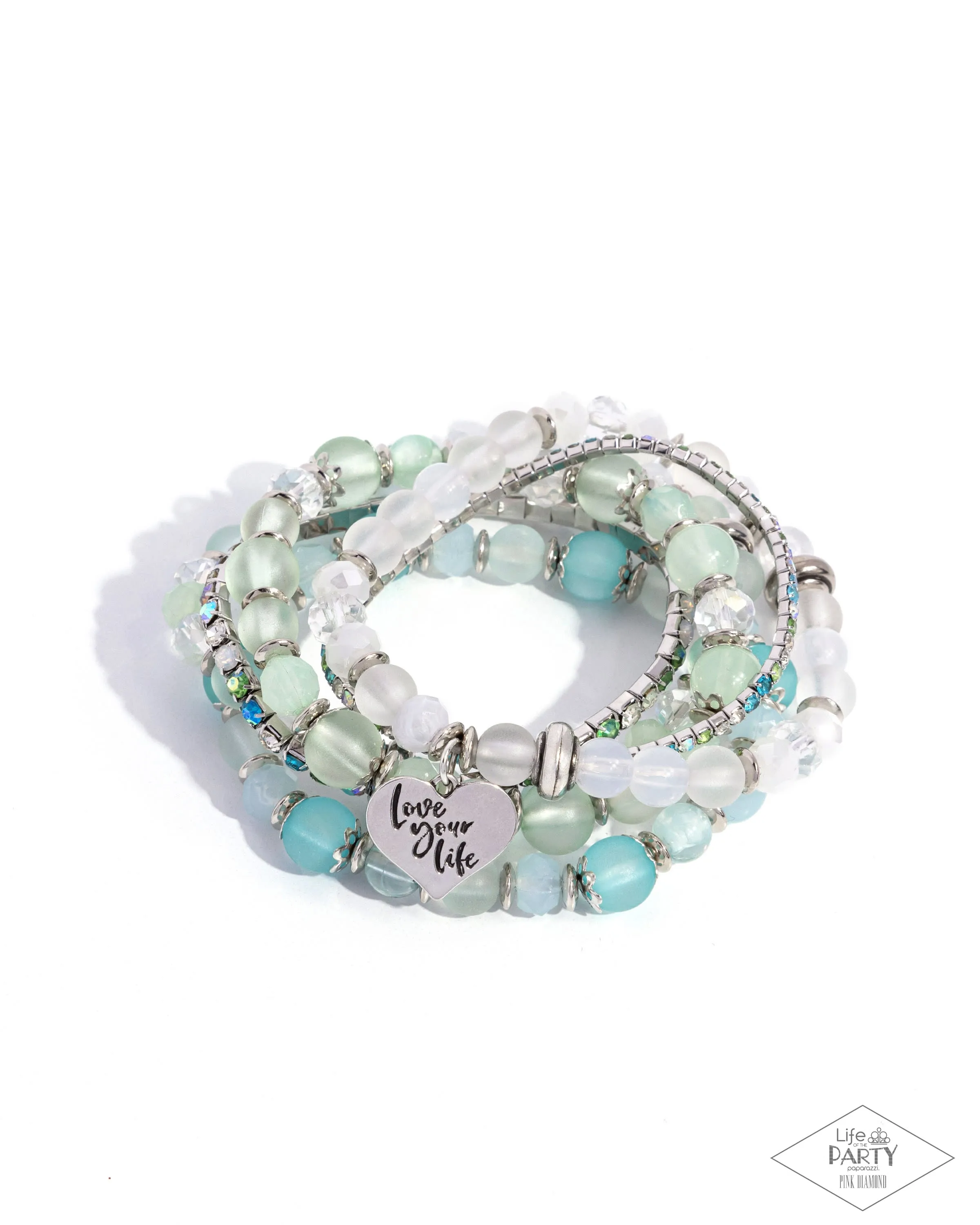 Optimistic Opulence - Multi - Green, Blue, and White Bead "Love Your Life" Inspirational Paparazzi Stretchy Bracelet - Pink Diamond Exclusive