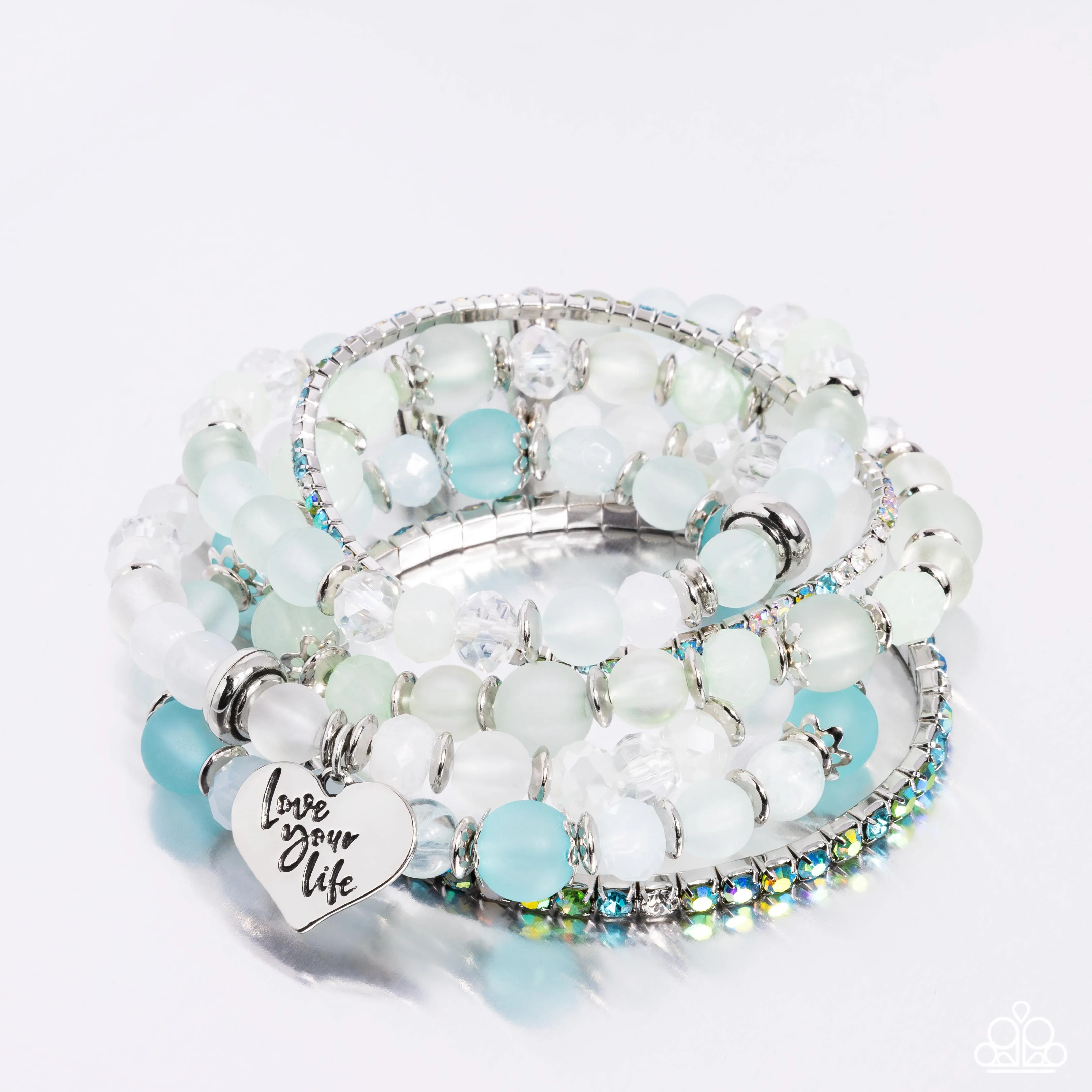 Optimistic Opulence - Multi - Green, Blue, and White Bead "Love Your Life" Inspirational Paparazzi Stretchy Bracelet - Pink Diamond Exclusive