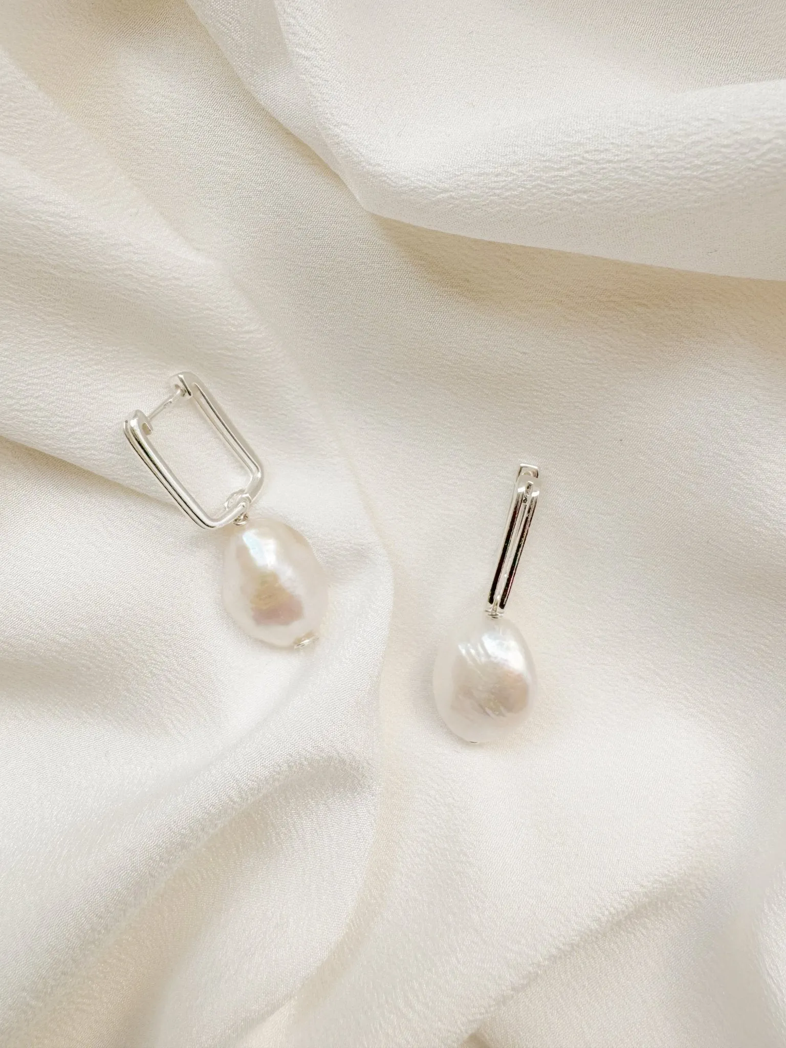 Ora Large Baroque Pearl Sculptural Oblong Hoop Style Earrings - Gold/Silver
