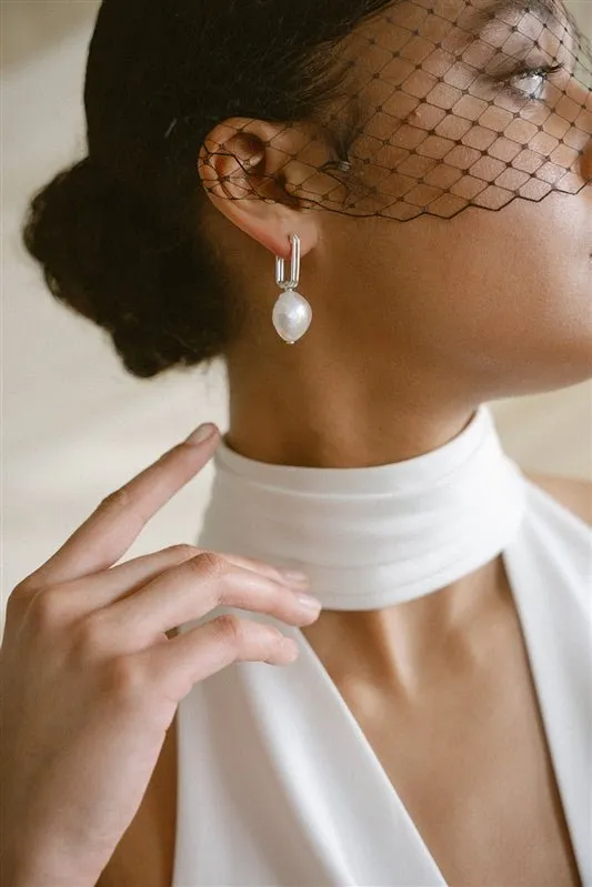 Ora Large Baroque Pearl Sculptural Oblong Hoop Style Earrings - Gold/Silver