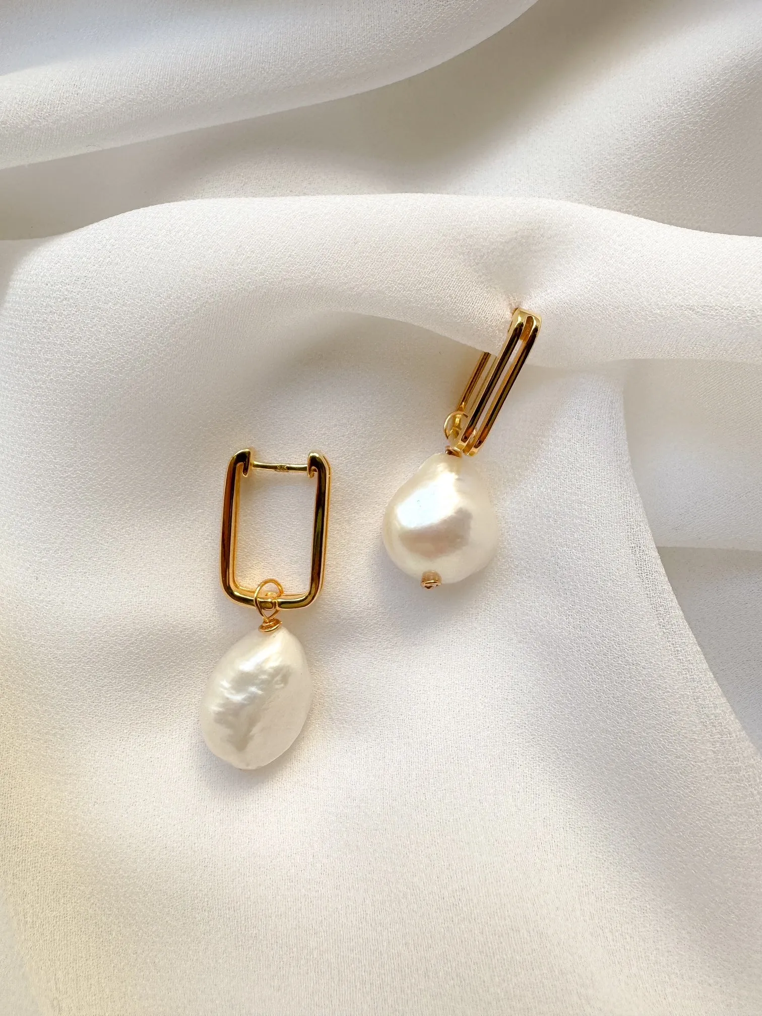 Ora Large Baroque Pearl Sculptural Oblong Hoop Style Earrings - Gold/Silver