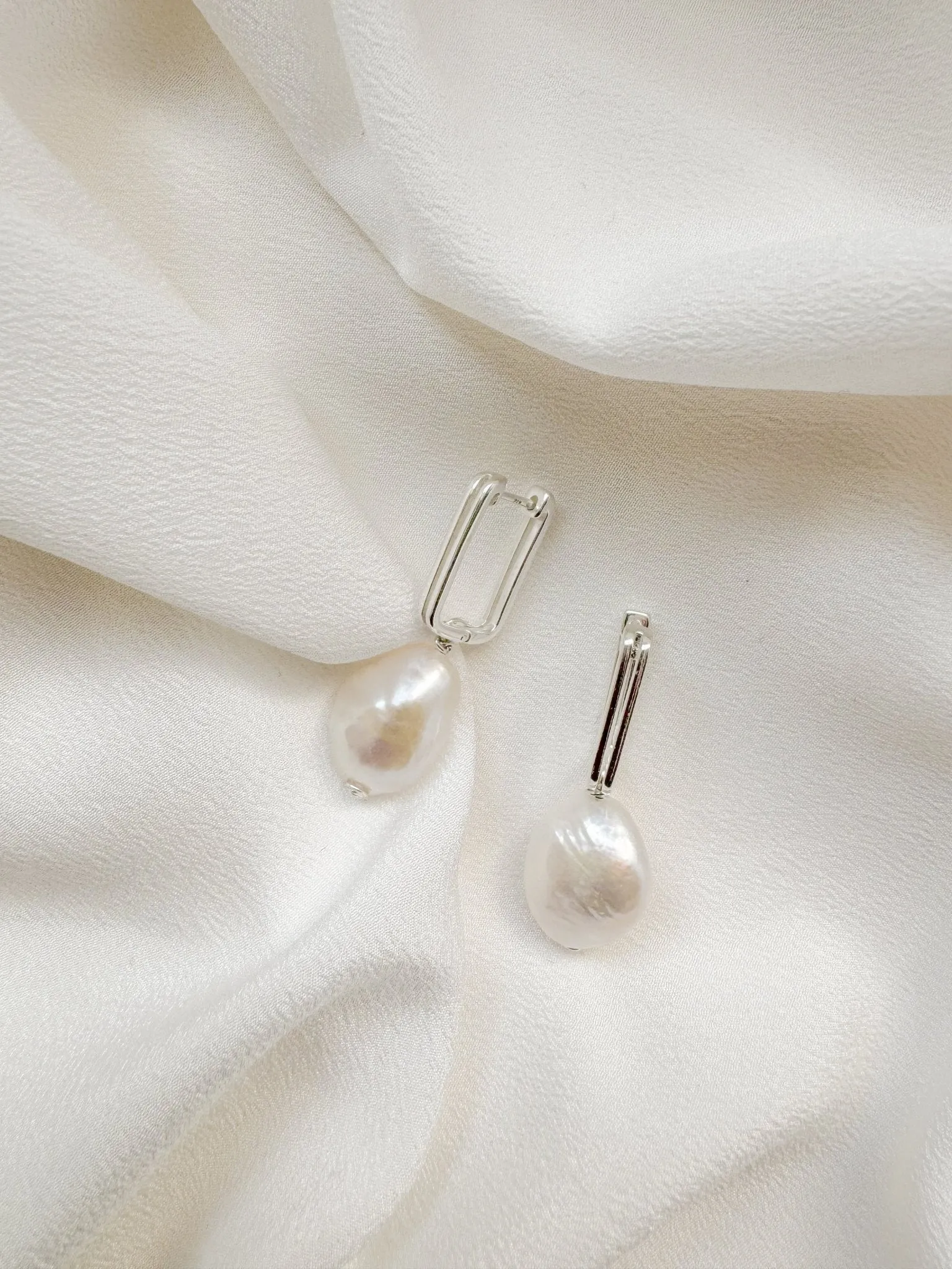 Ora Large Baroque Pearl Sculptural Oblong Hoop Style Earrings - Gold/Silver
