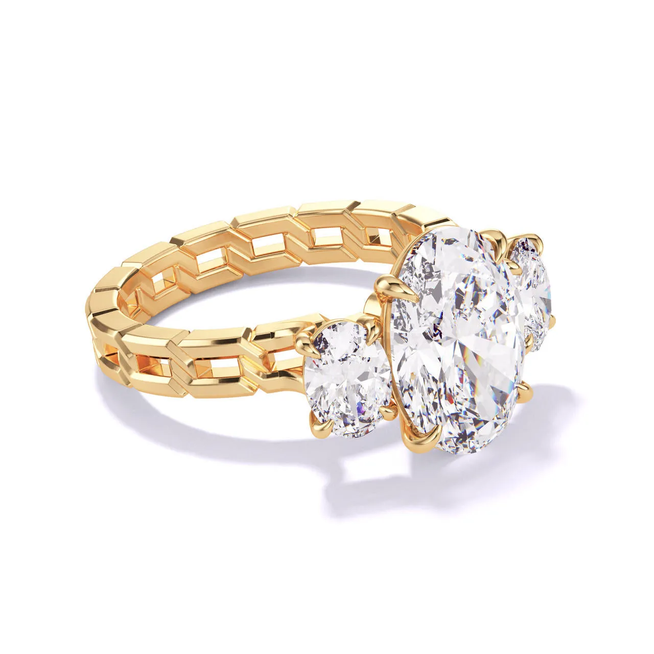 OVAL CUT DIAMOND ENGAGEMENT RING WITH A THREE STONE 16 LINKS SETTING IN 18K YELLOW GOLD