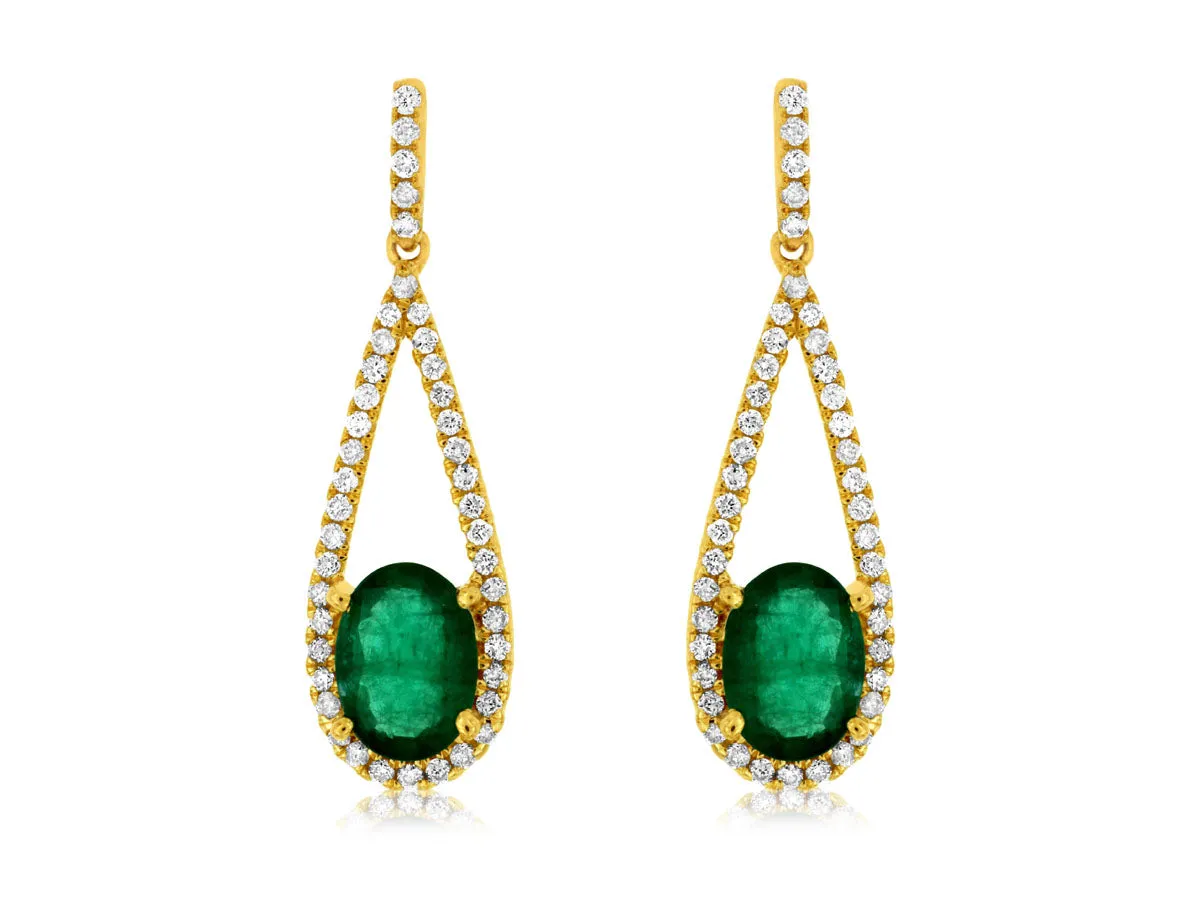 Oval Emerald and Open Diamond Halo Drop Earrings