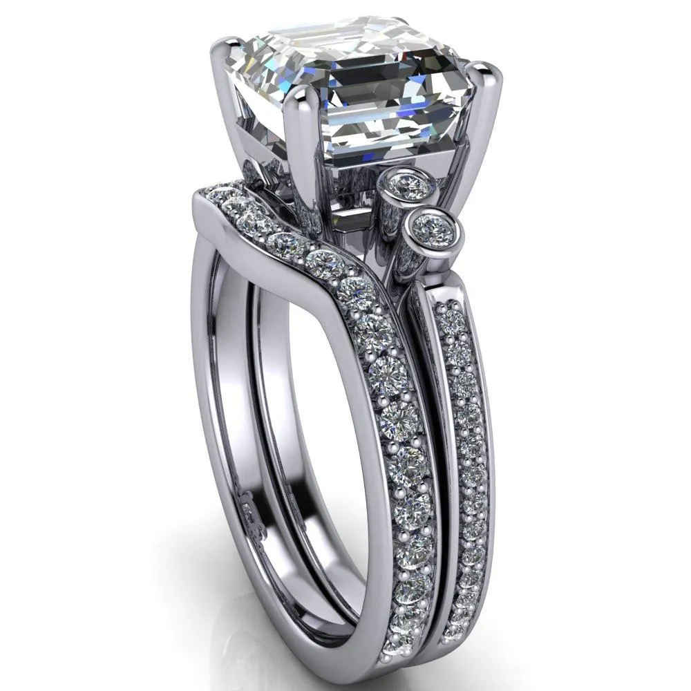 Pascala Asscher Moissanite Diamond Side 4 Prong Engagement Ring