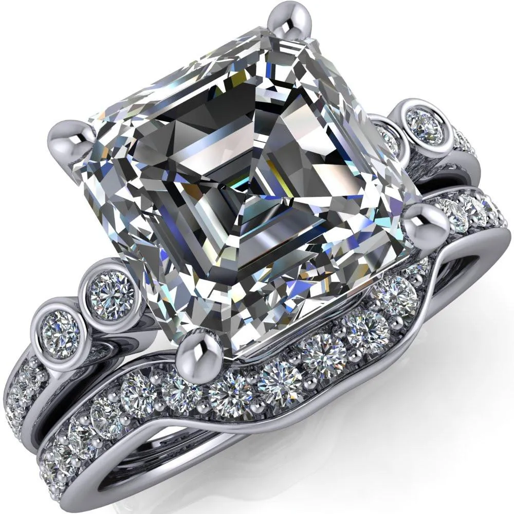 Pascala Asscher Moissanite Diamond Side 4 Prong Engagement Ring