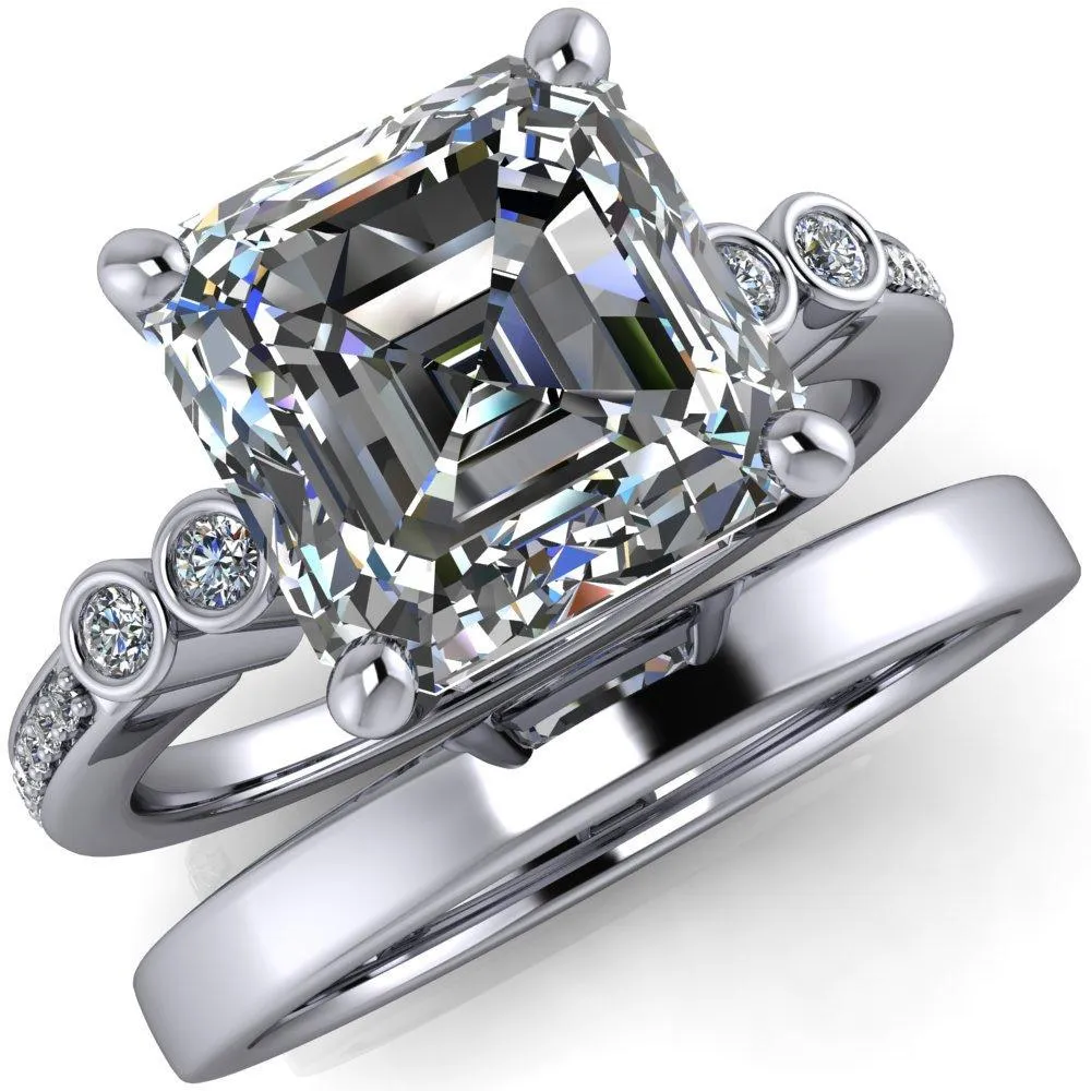 Pascala Asscher Moissanite Diamond Side 4 Prong Engagement Ring