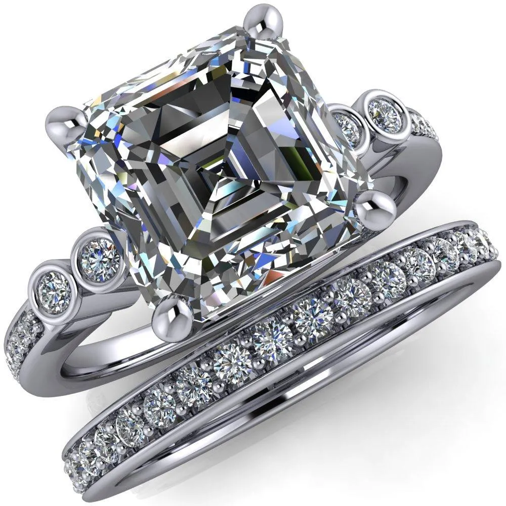 Pascala Asscher Moissanite Diamond Side 4 Prong Engagement Ring