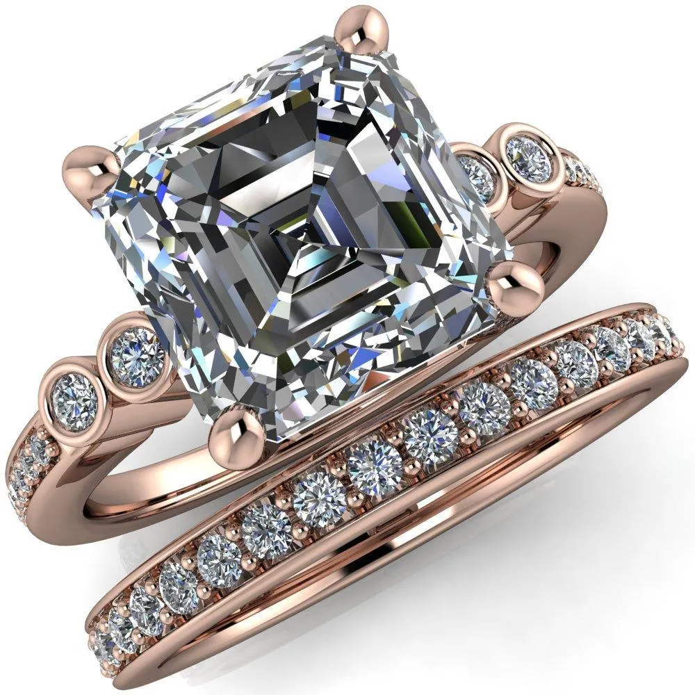 Pascala Asscher Moissanite Diamond Side 4 Prong Engagement Ring