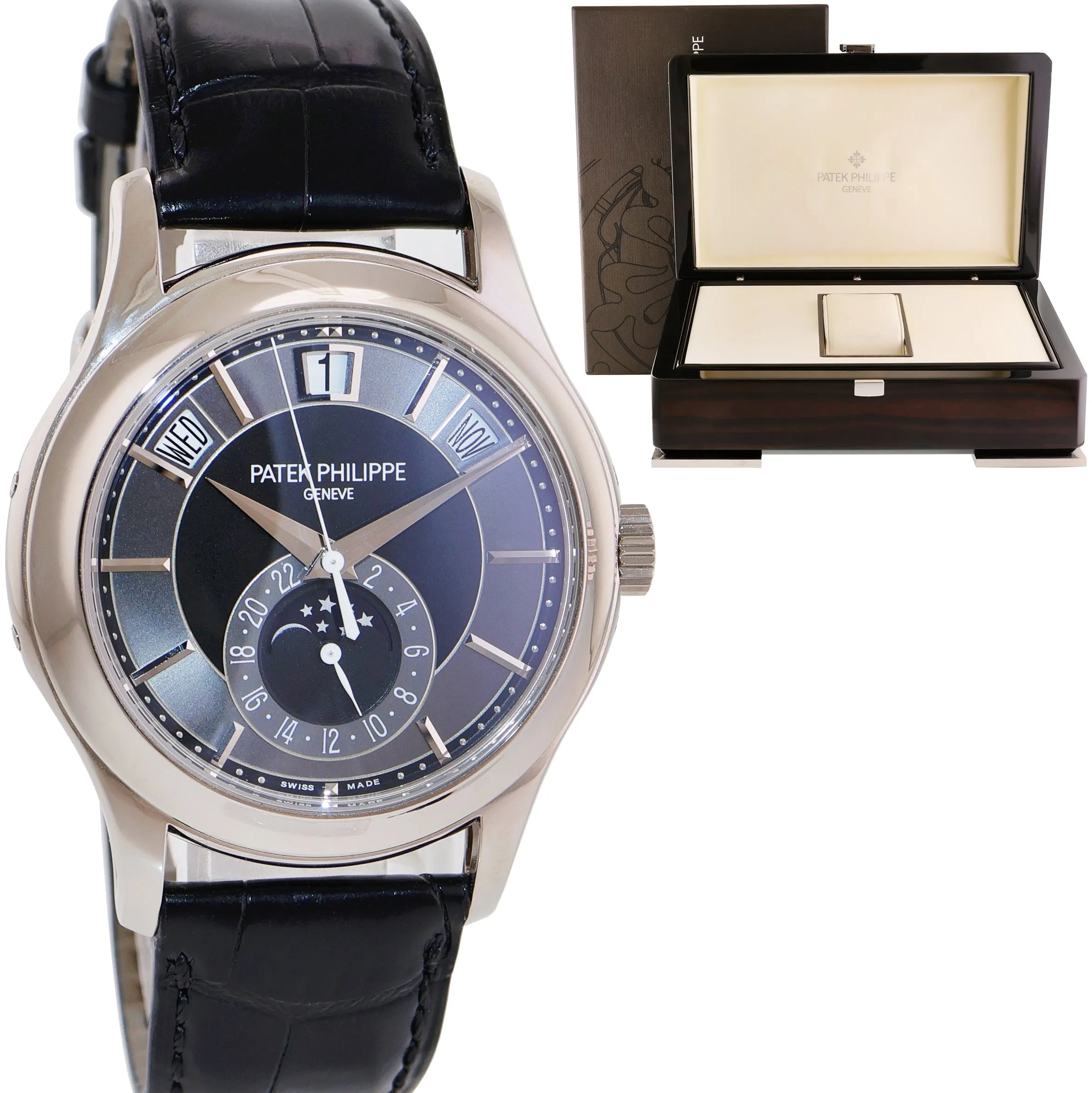 Patek Philippe 5205G White Gold Calatrava Clasp Annual Calendar Moon Black Watch